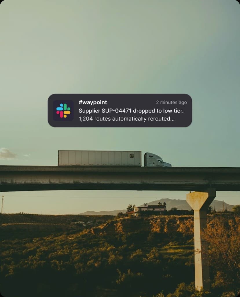 Highway logistics scene with a Slack route-reroute notification overlay